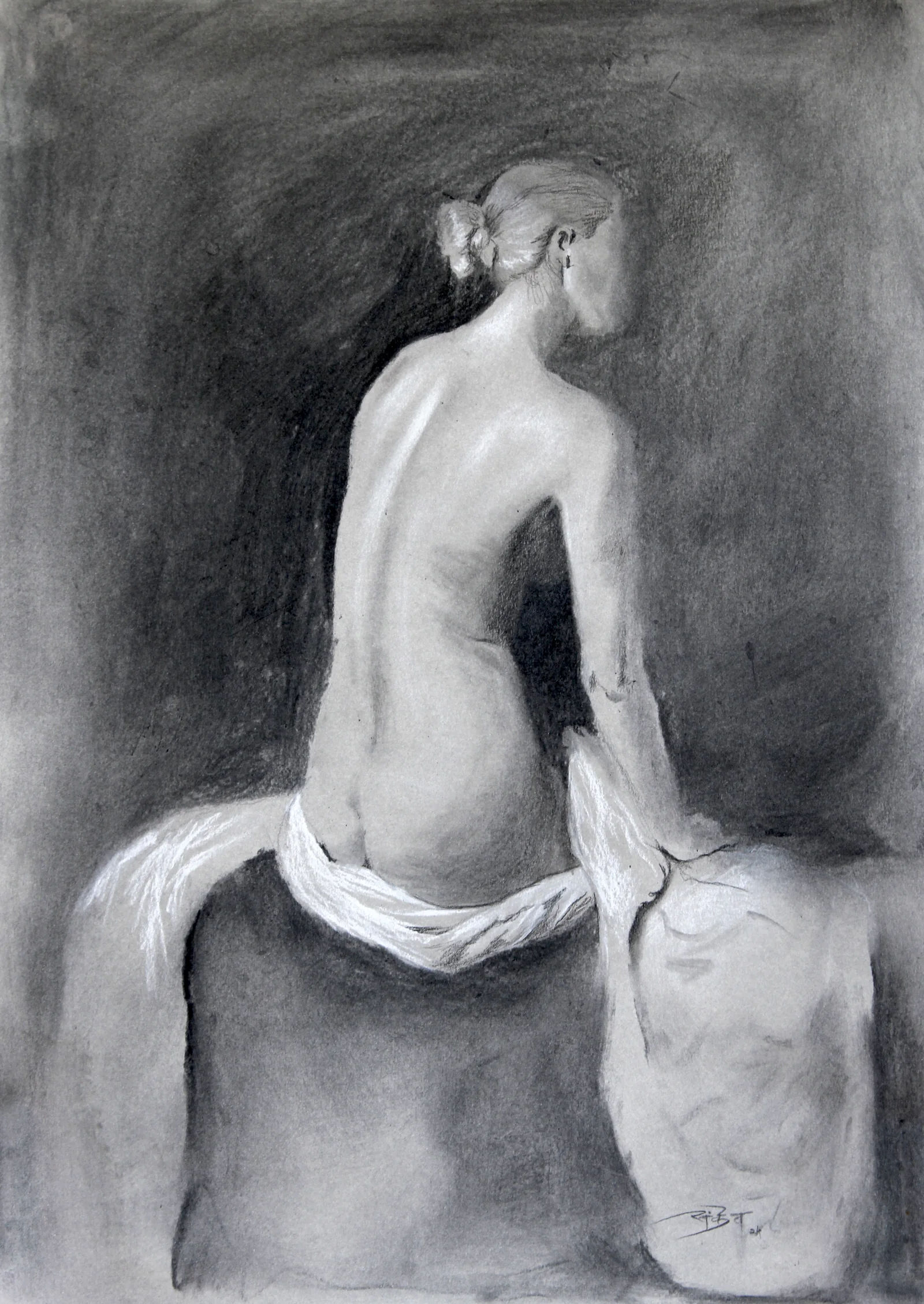 Figurative artwork with a softly suggested human form and dark surrounding tones